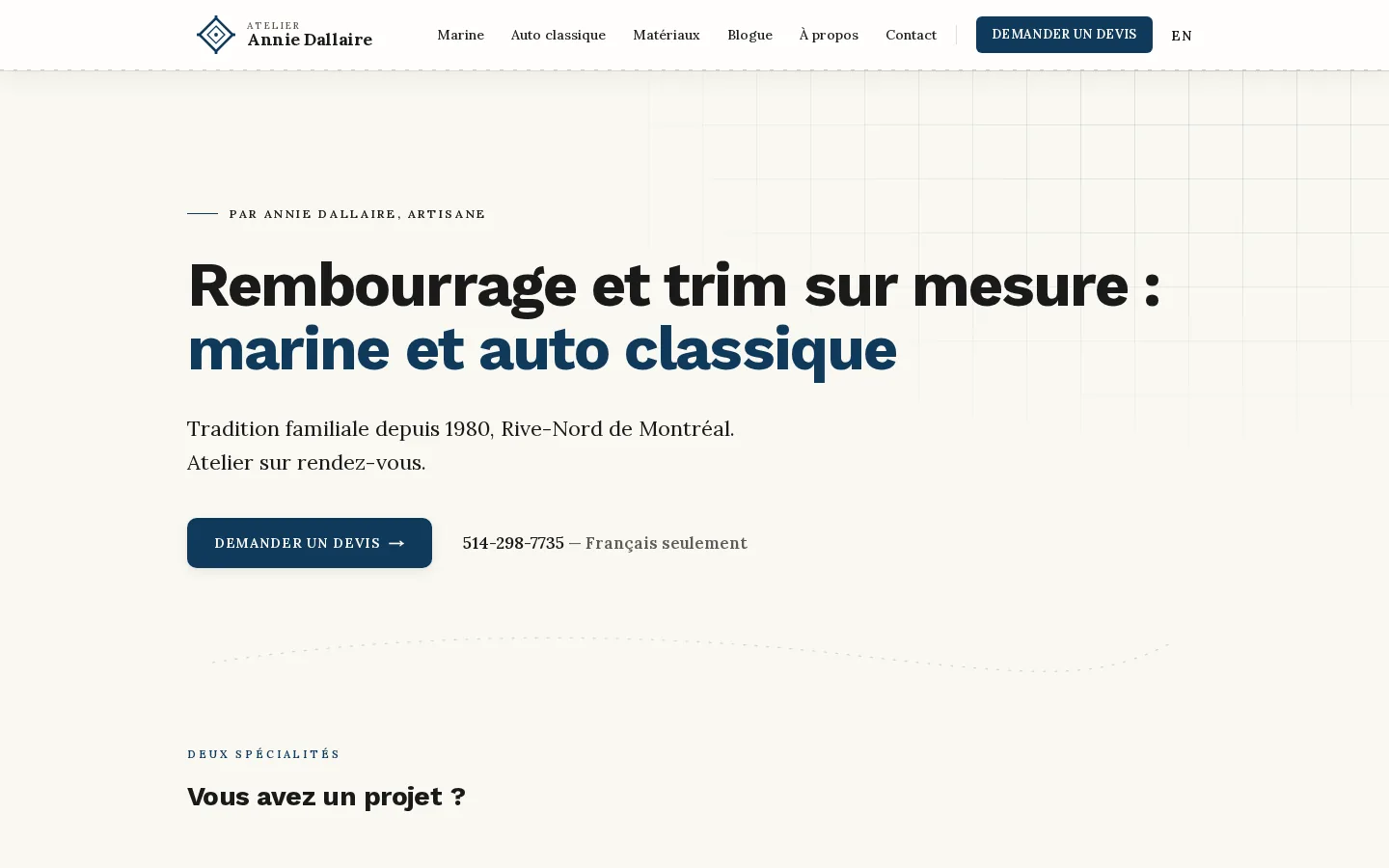 Aperçu de la page d’accueil du site Atelier Annie Dallaire, construit par Telos Machina